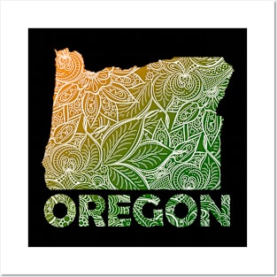 Colorful mandala art map of Oregon with text in green and orange Posters and Art